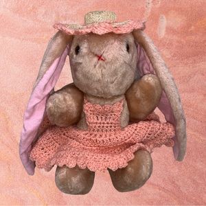 Vintage bunny plush 12" long ears straw hat peach color crotchet sun dress